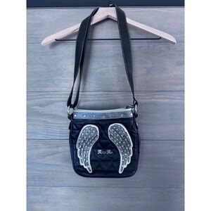 Miss Me Black Quilted Angel Wing Crossbody Bag Rhinestone Studded Silver Trim
